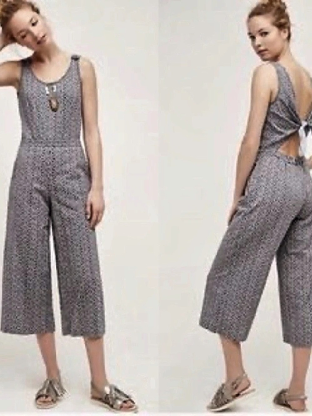 Anthropologie Elevenses Geometric Wide Leg Jumpsuit in Blue & White Size XS